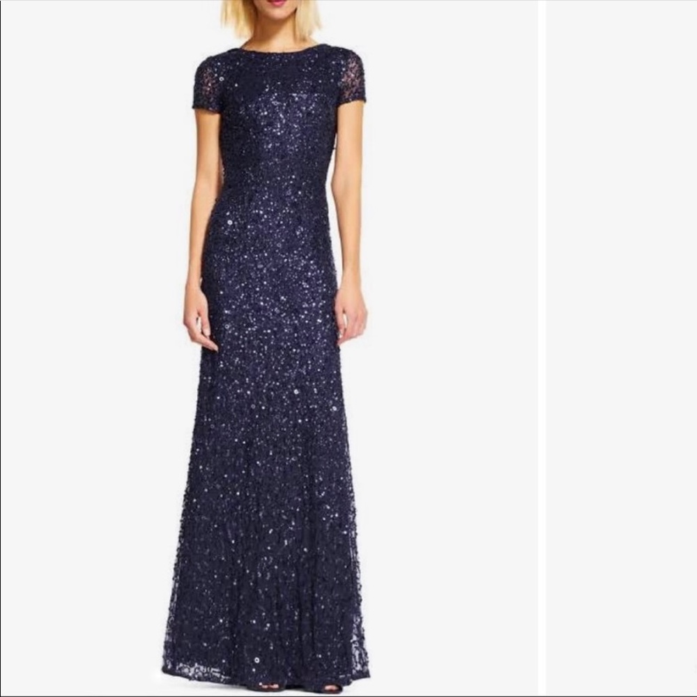 Adrianna Papell Navy Scoop Back Sequin Long Gown Med/8